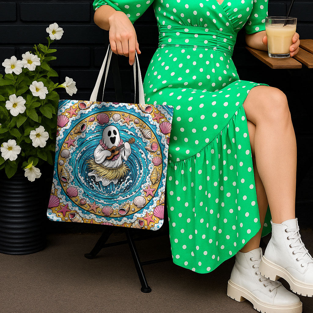 3D Illusion Hula Ghost Halloween Tote Bag Hawaiian Ukulele Spirit Ocean Vortex