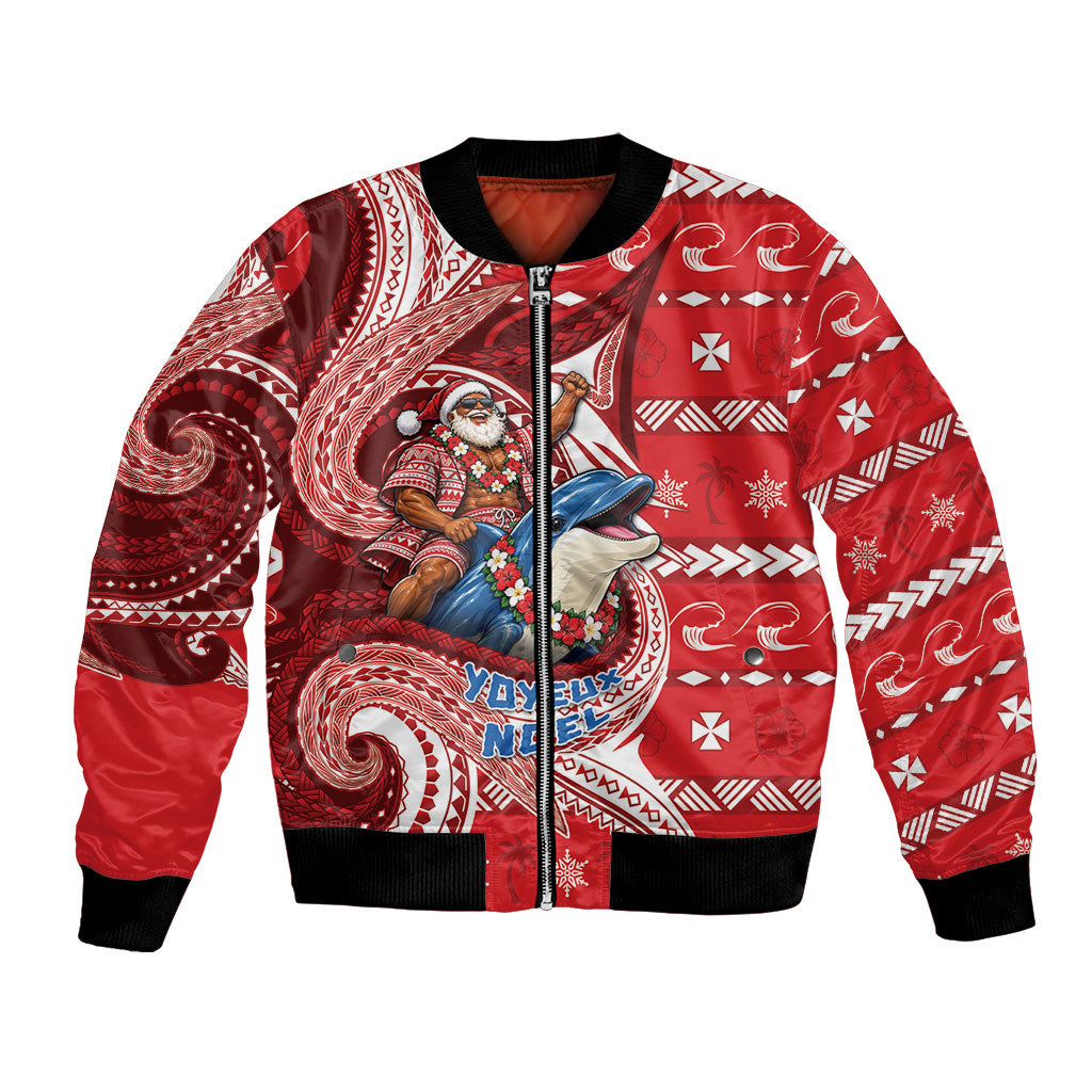 Wallis And Futuna Christmas Bomber Jacket Santa Riding Ocean Dolphin DT05 Unisex Red - Polynesian Pride
