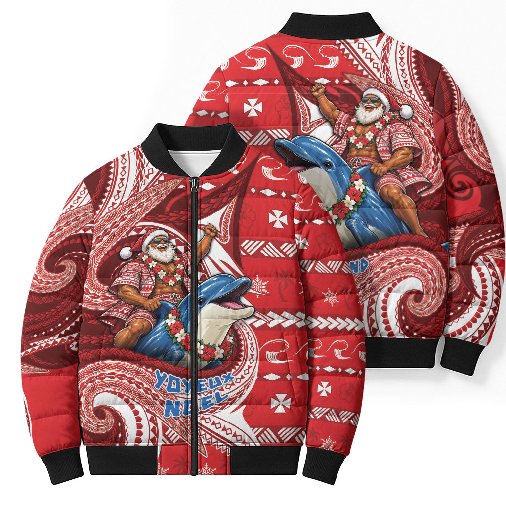 Wallis And Futuna Christmas Bomber Puffer Jacket Santa Riding Ocean Dolphin DT05 - Polynesian Pride