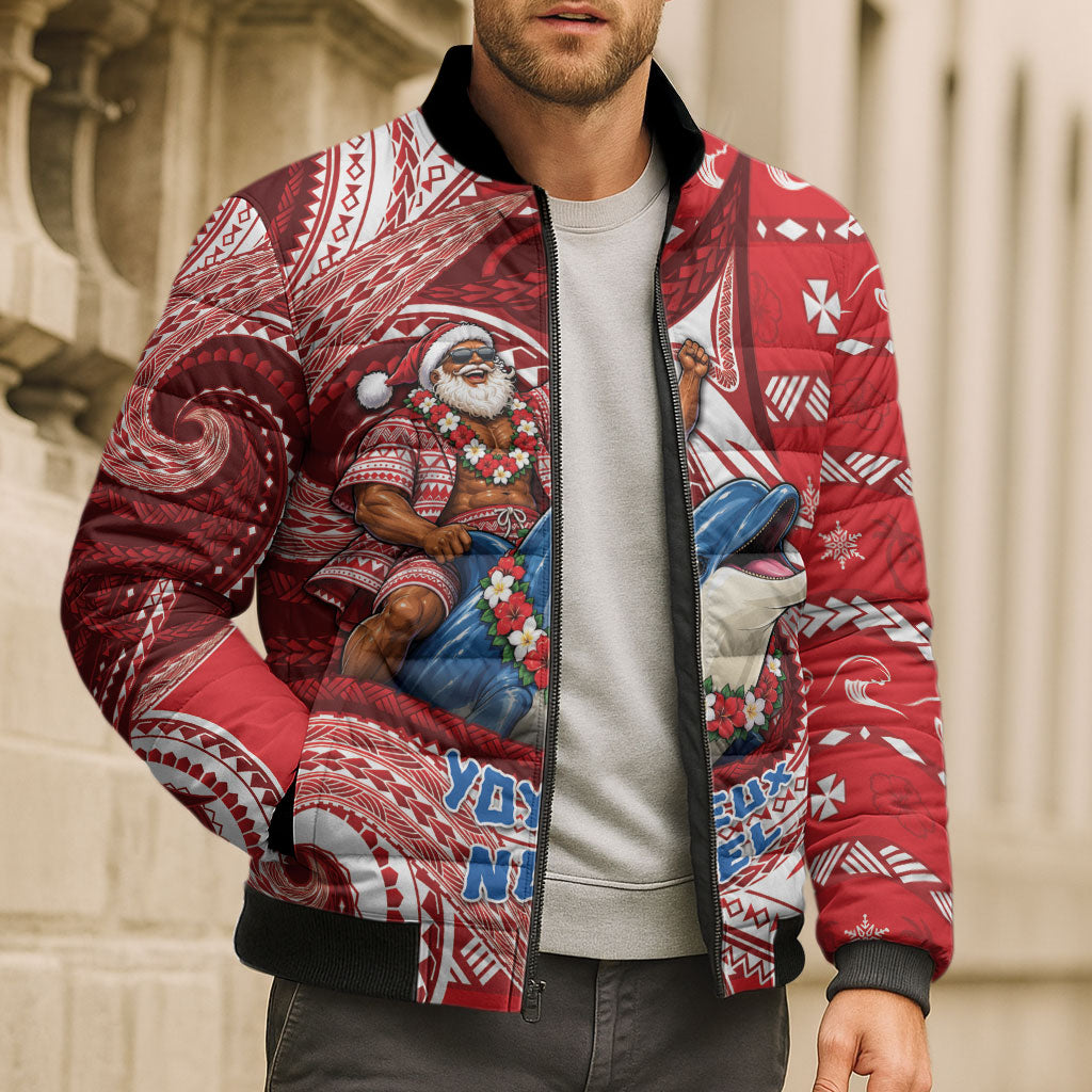 Wallis And Futuna Christmas Bomber Puffer Jacket Santa Riding Ocean Dolphin DT05 - Polynesian Pride