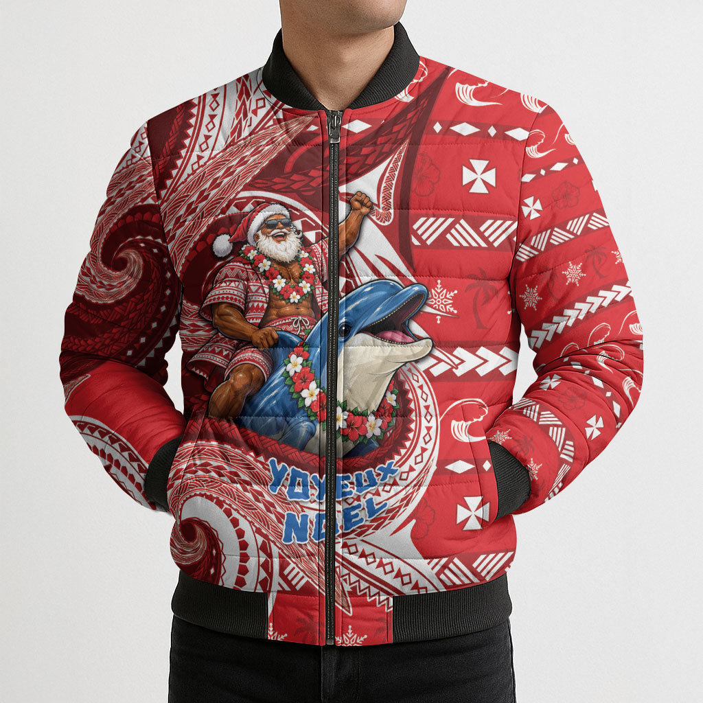 Wallis And Futuna Christmas Bomber Puffer Jacket Santa Riding Ocean Dolphin DT05 - Polynesian Pride