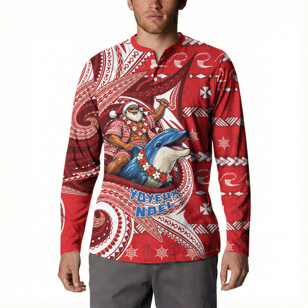 Wallis And Futuna Christmas Button Sweatshirt Santa Riding Ocean Dolphin DT05 - Polynesian Pride