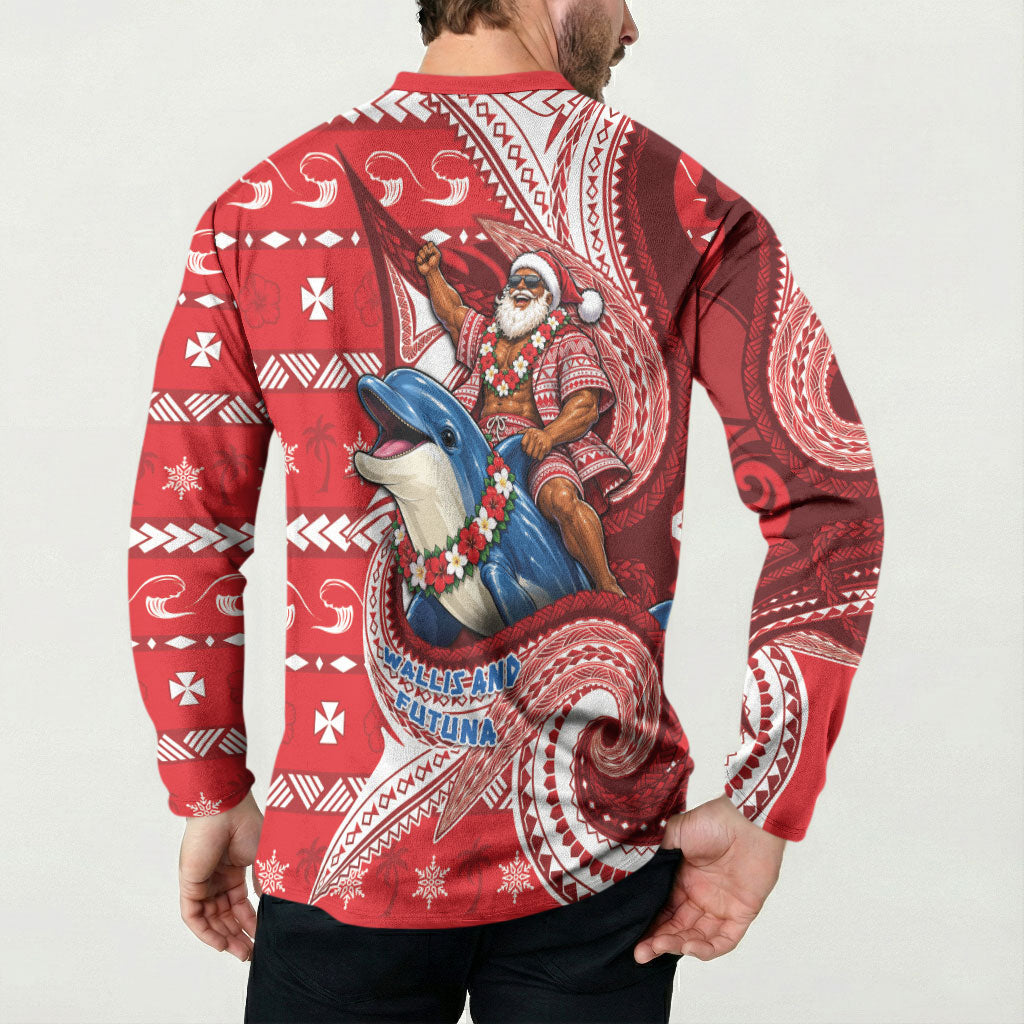 Wallis And Futuna Christmas Button Sweatshirt Santa Riding Ocean Dolphin DT05 - Polynesian Pride
