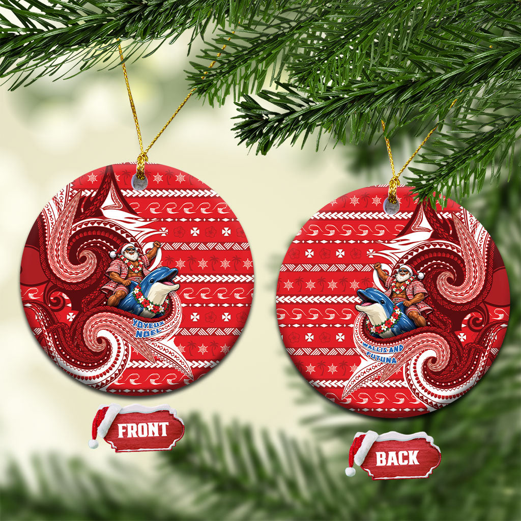 Wallis And Futuna Christmas Ceramic Ornament Santa Riding Ocean Dolphin DT05 Circle Red - Polynesian Pride