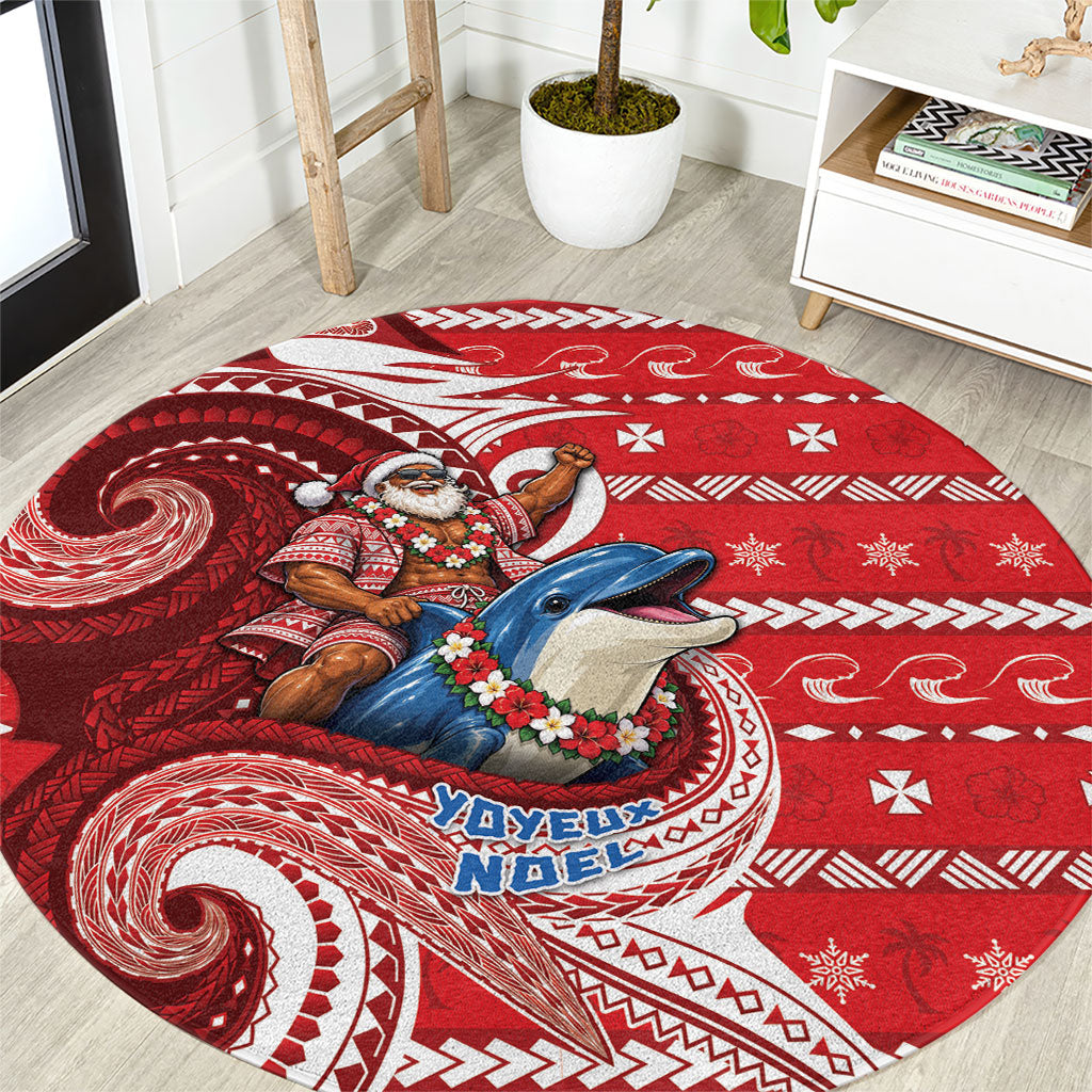 Wallis And Futuna Christmas Round Carpet Santa Riding Ocean Dolphin DT05 Red - Polynesian Pride