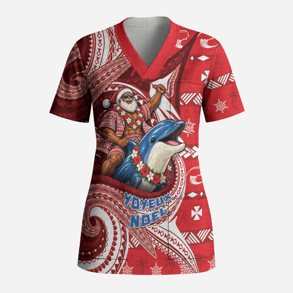Wallis And Futuna Christmas Scrub Top Santa Riding Ocean Dolphin DT05 Adult Red - Polynesian Pride