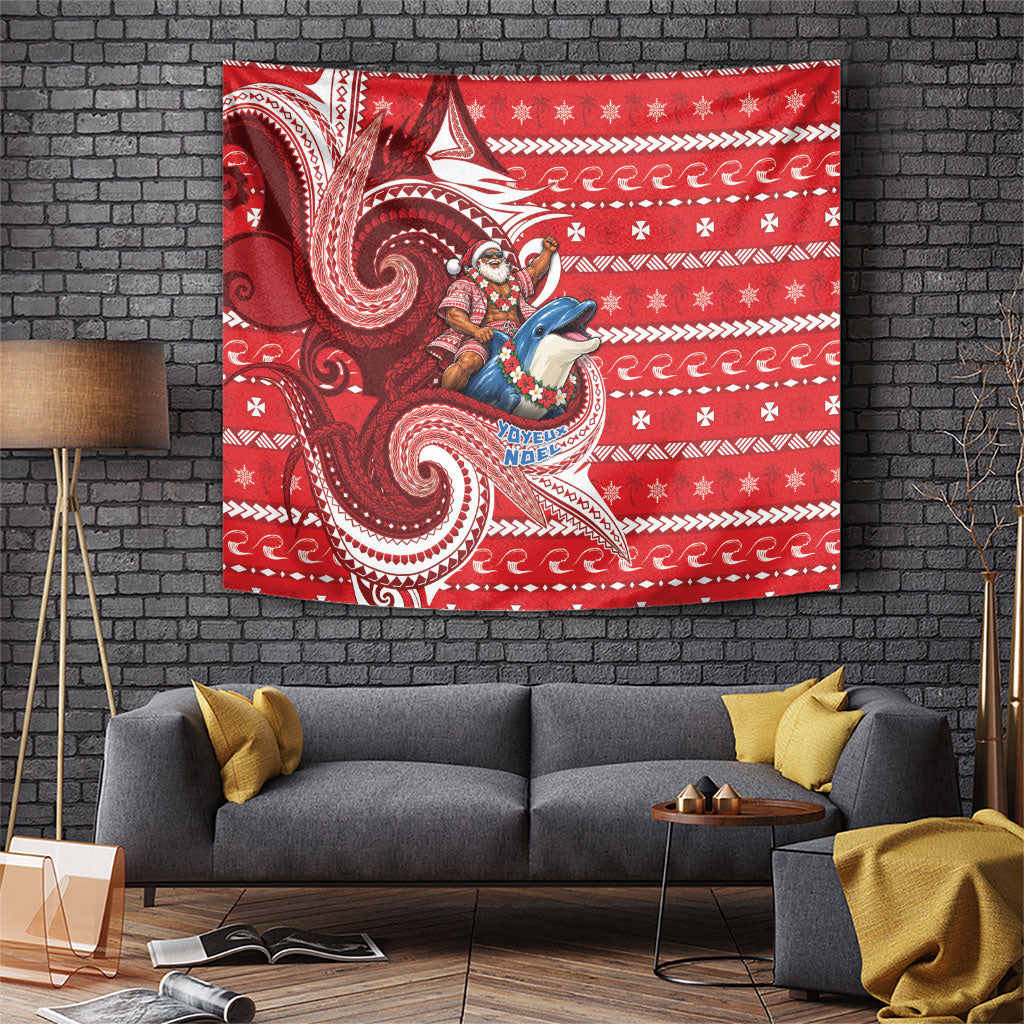 Wallis And Futuna Christmas Tapestry Santa Riding Ocean Dolphin DT05 Red - Polynesian Pride