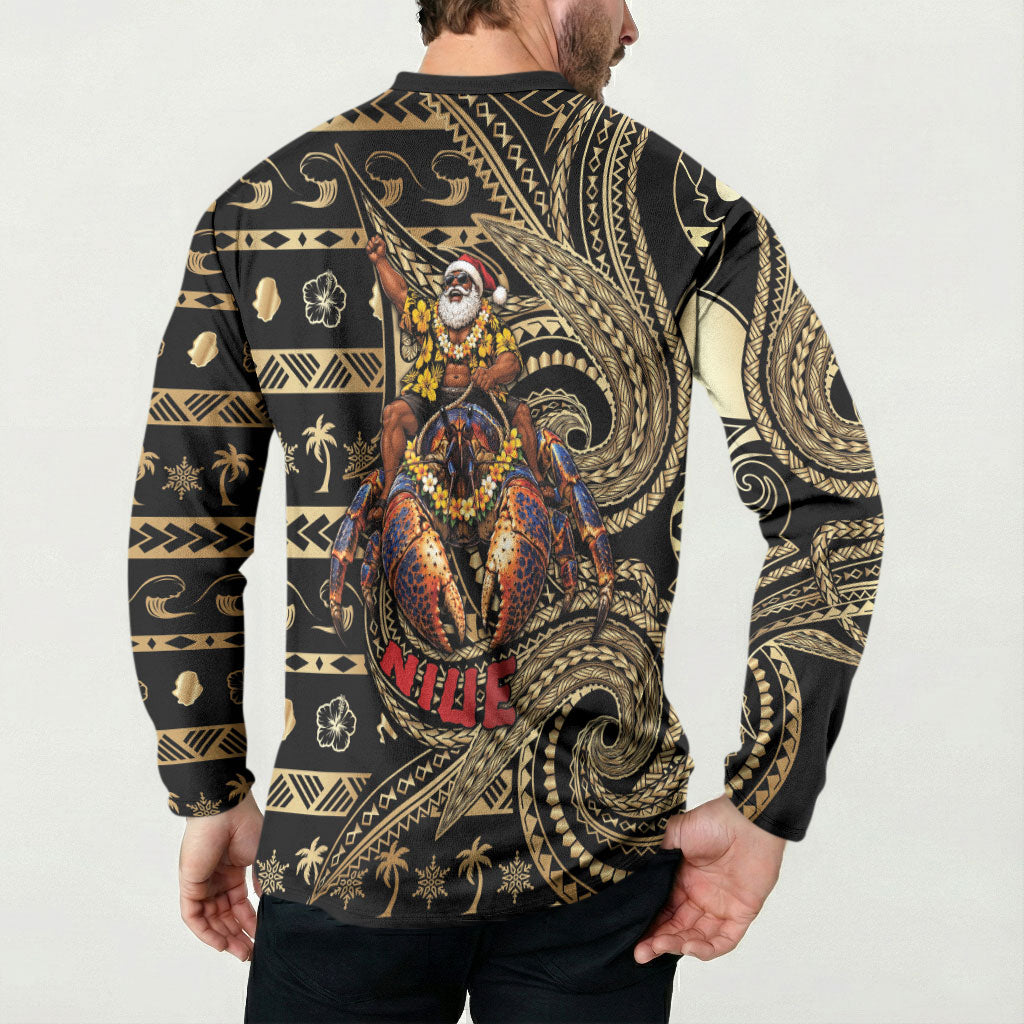 Niue Christmas Button Sweatshirt Santa Riding Coconut Crab