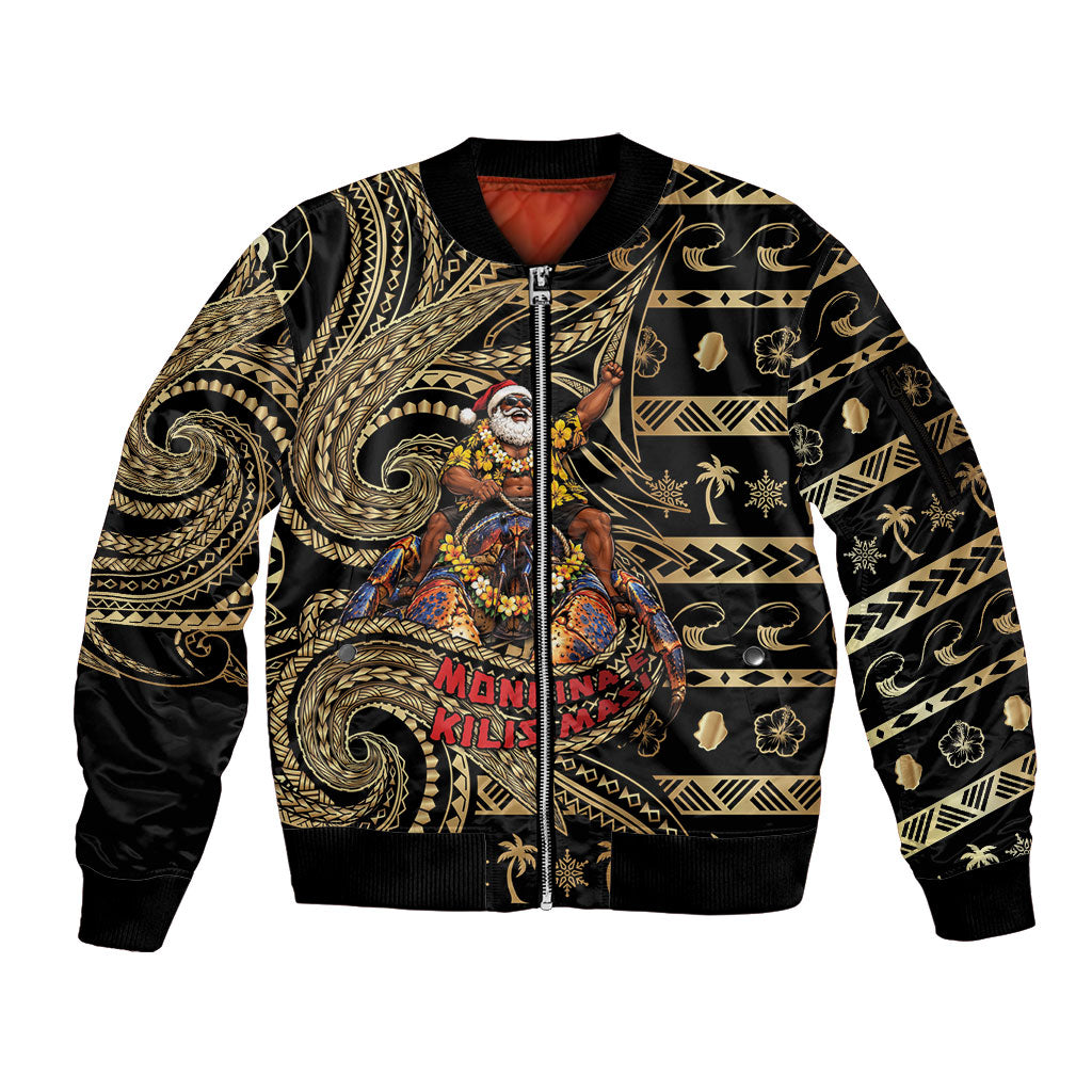 Niue Christmas Sleeve Zip Bomber Jacket Santa Riding Coconut Crab DT05 Unisex Gold - Polynesian Pride