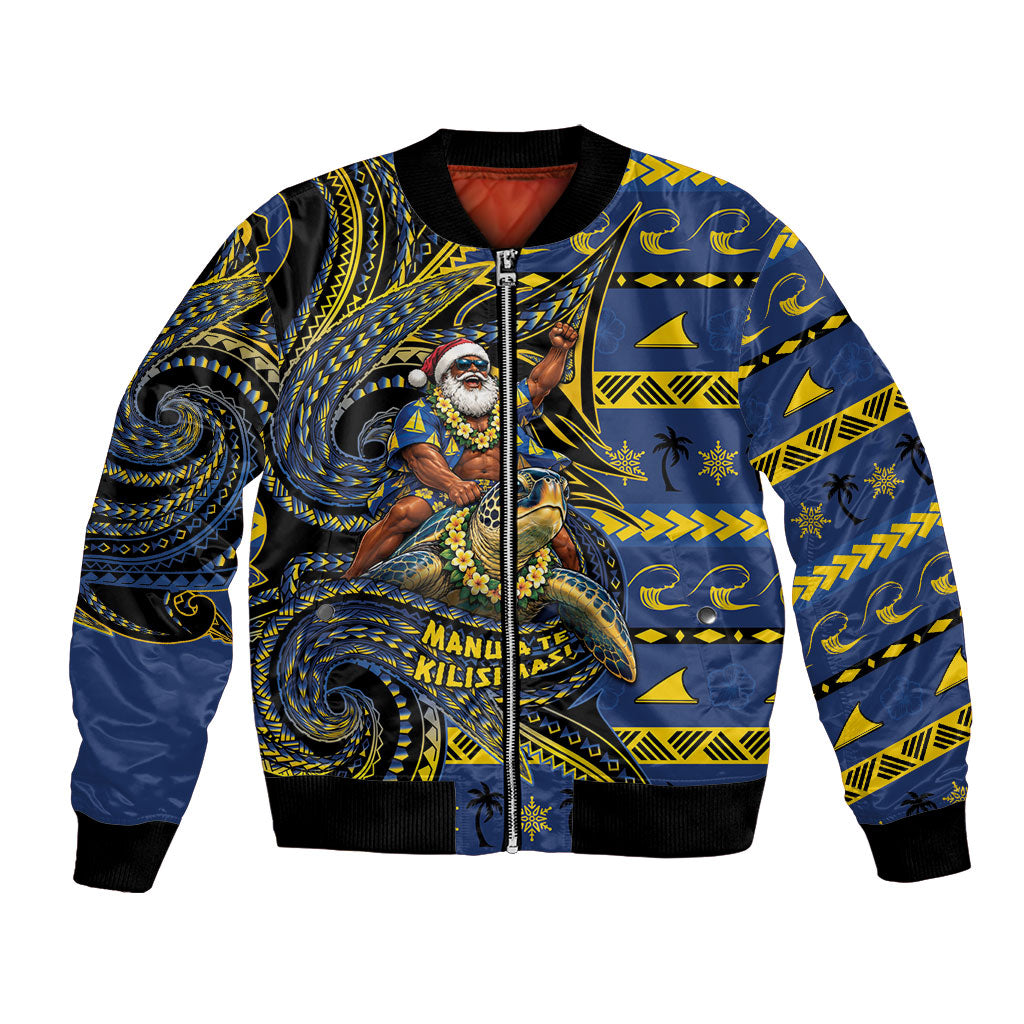 Tokelau Christmas Bomber Jacket Santa Riding Sea Turtle DT05 Unisex Navy - Polynesian Pride