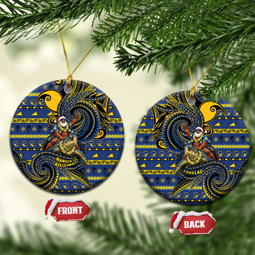 Tokelau Christmas Ceramic Ornament Santa Riding Sea Turtle DT05 Circle Navy - Polynesian Pride