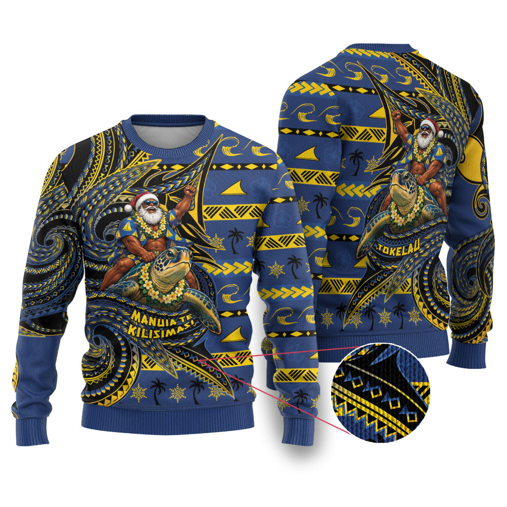 Tokelau Christmas Ugly Christmas Sweater Santa Riding Sea Turtle DT05 Navy - Polynesian Pride