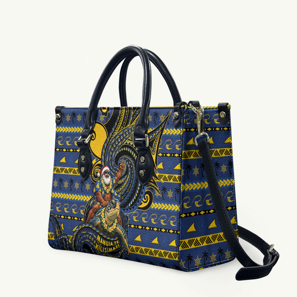 Tokelau Christmas Leather Bag Santa Riding Sea Turtle DT05 Navy - Polynesian Pride