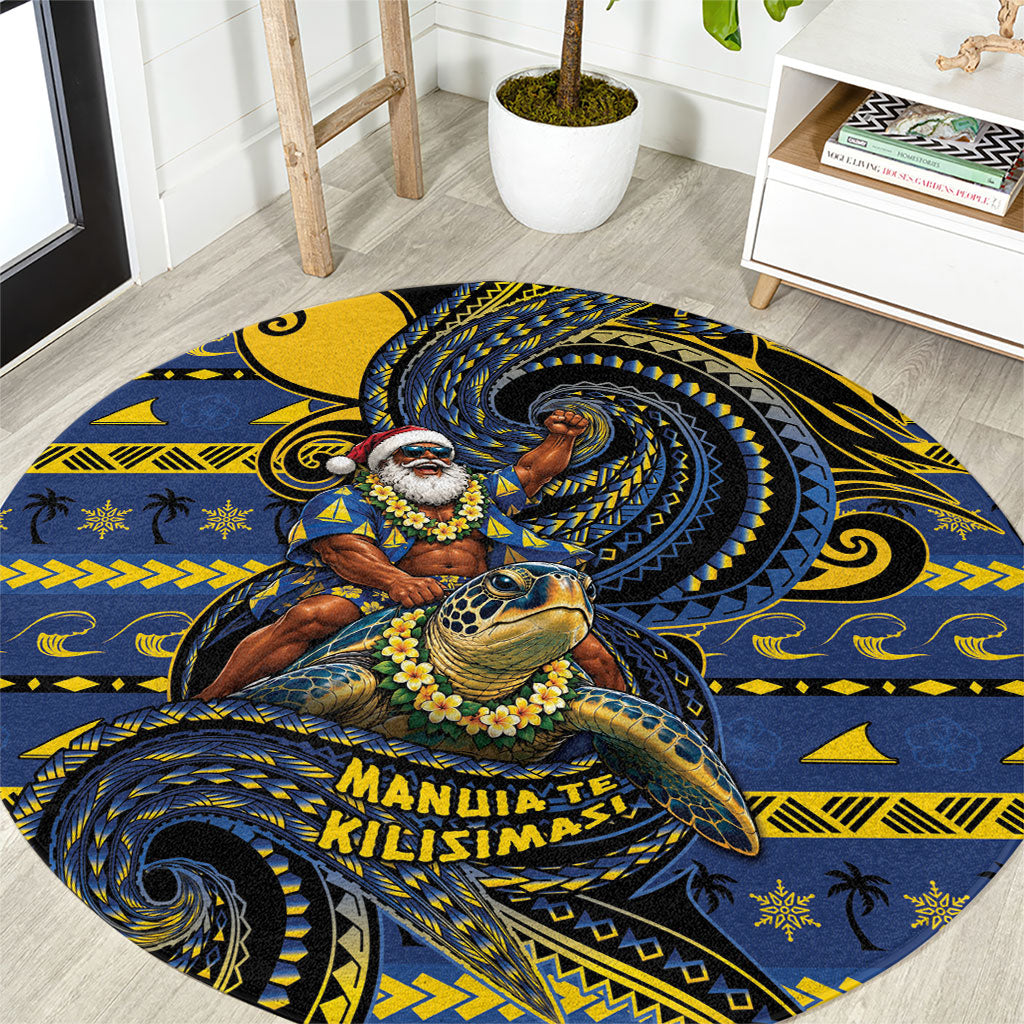 Tokelau Christmas Round Carpet Santa Riding Sea Turtle DT05 Navy - Polynesian Pride