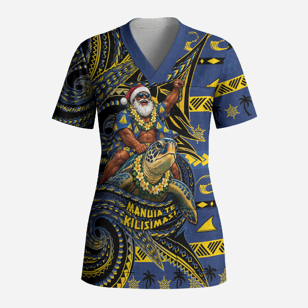 Tokelau Christmas Scrub Top Santa Riding Sea Turtle DT05 Adult Navy - Polynesian Pride