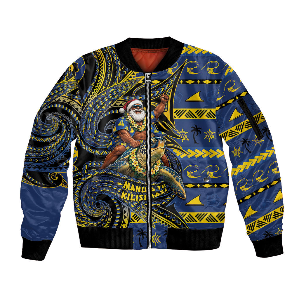 Tokelau Christmas Sleeve Zip Bomber Jacket Santa Riding Sea Turtle DT05 Unisex Navy - Polynesian Pride