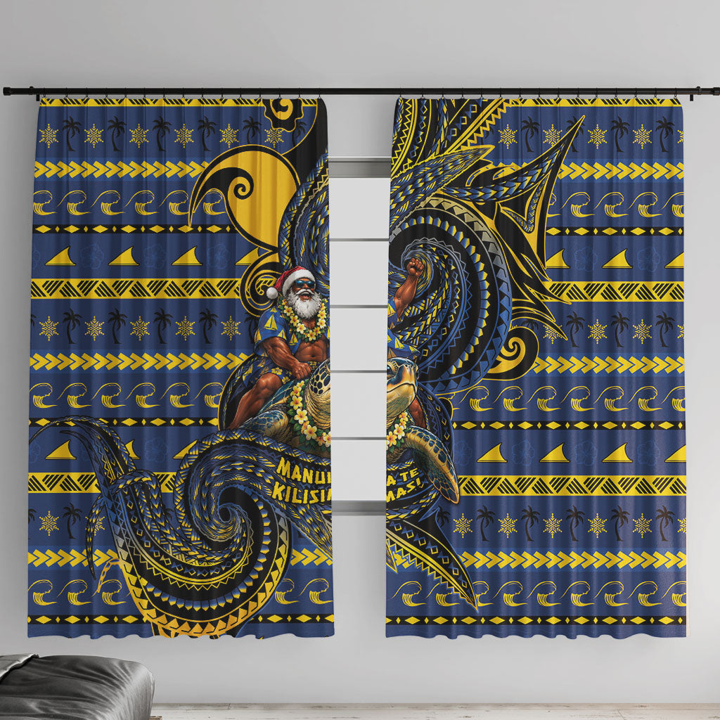 Tokelau Christmas Window Curtain Santa Riding Sea Turtle DT05 With Hooks Navy - Polynesian Pride