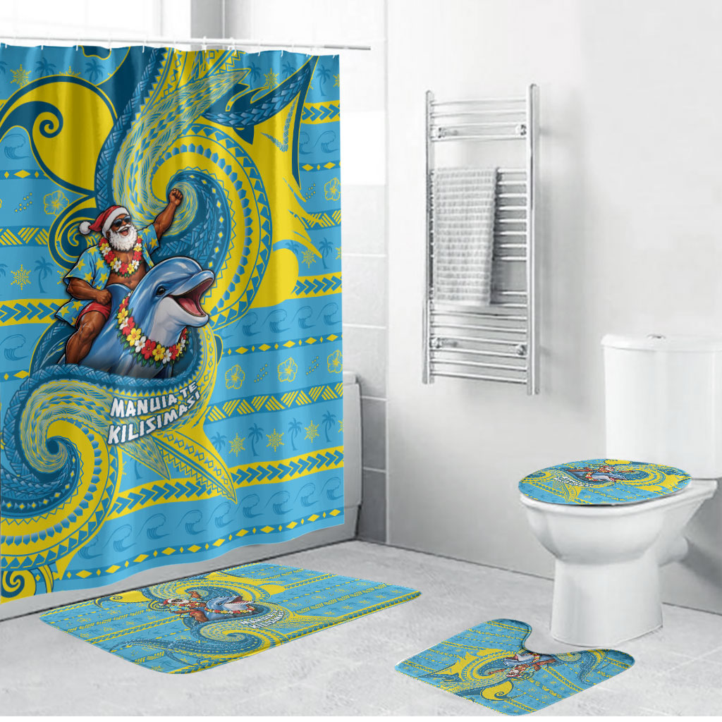 Tuvalu Christmas Bathroom Set Santa Riding Ocean Dolphin DT05 Bathroom Set (4 pcs) Blue - Polynesian Pride