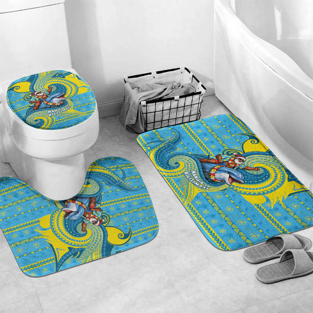 Tuvalu Christmas Bathroom Set Santa Riding Ocean Dolphin DT05 Mat Set Only (3 pcs) One Size Blue - Polynesian Pride