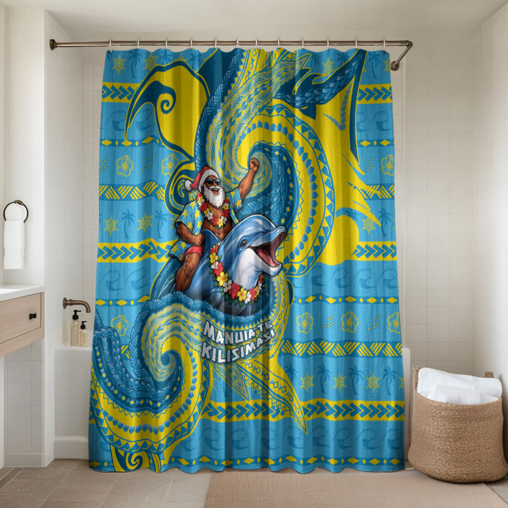 Tuvalu Christmas Bathroom Set Santa Riding Ocean Dolphin DT05 Shower Curtain Only Blue - Polynesian Pride