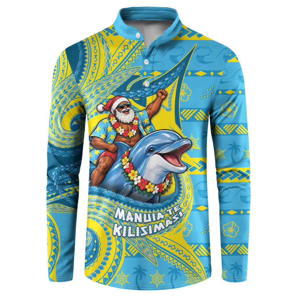 Tuvalu Christmas Button Sweatshirt Santa Riding Ocean Dolphin DT05 Blue - Polynesian Pride