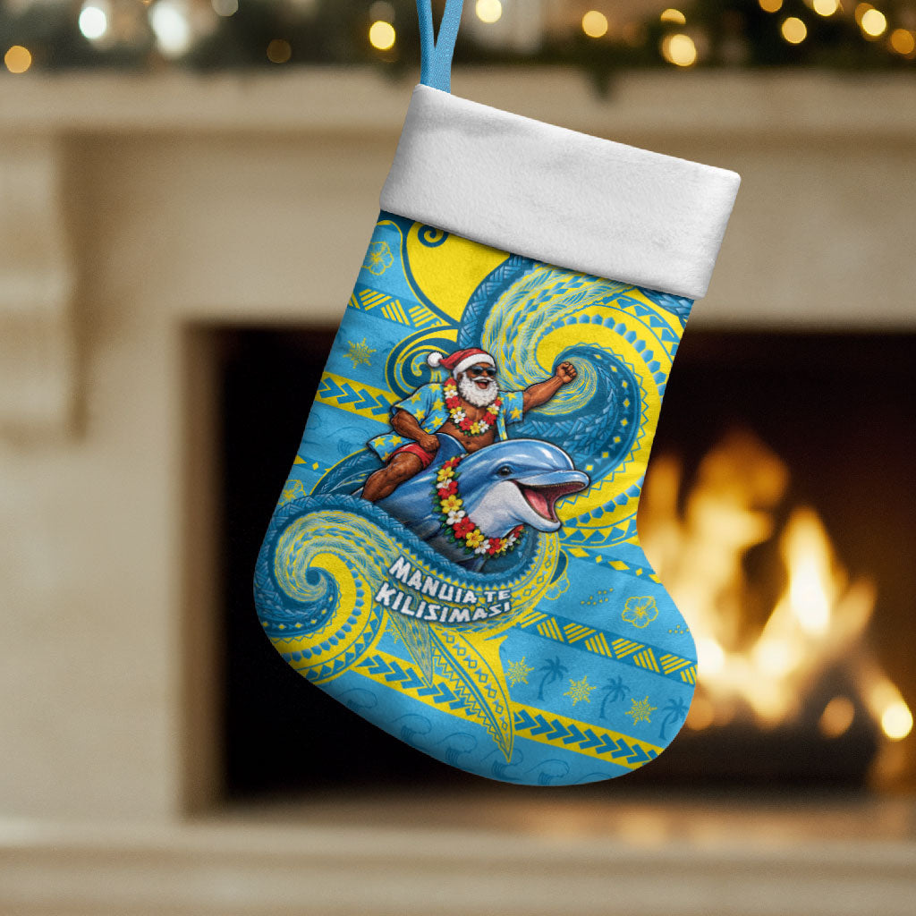 Tuvalu Christmas Stocking Santa Riding Ocean Dolphin DT05 Set of 2 Blue - Polynesian Pride