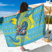 Tuvalu Christmas Sarong Santa Riding Ocean Dolphin DT05 One Size 44 x 66 inches Blue - Polynesian Pride