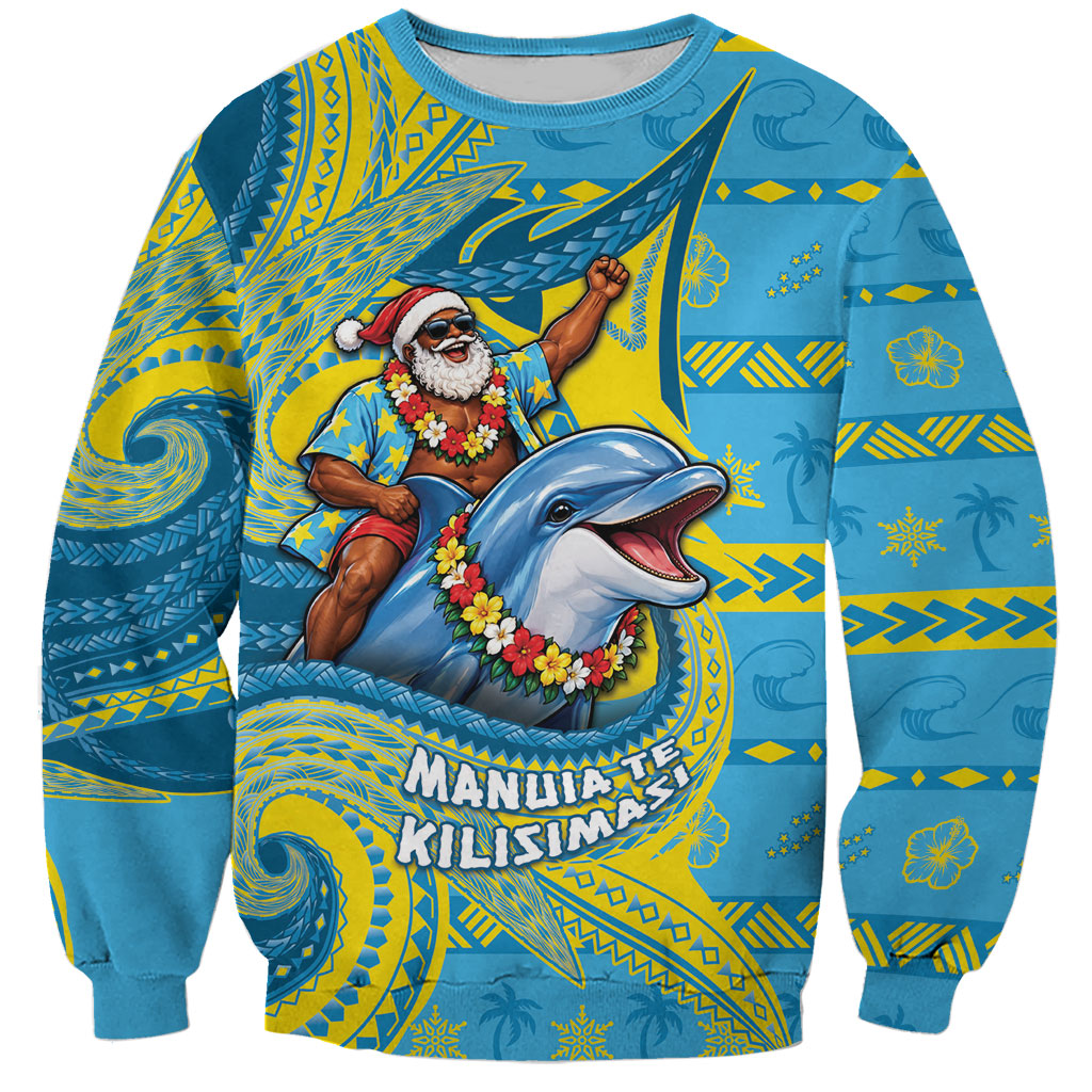 Tuvalu Christmas Sweatshirt Santa Riding Ocean Dolphin DT05 Unisex Blue - Polynesian Pride