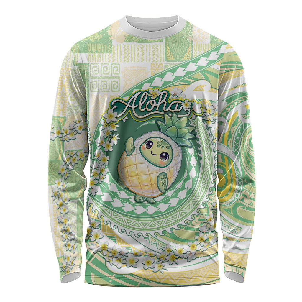 Hawaii Pineapple Long Sleeve Shirt Cute Cosplay Turtle Plumeria Spiral DT05 Unisex Mint - Polynesian Pride
