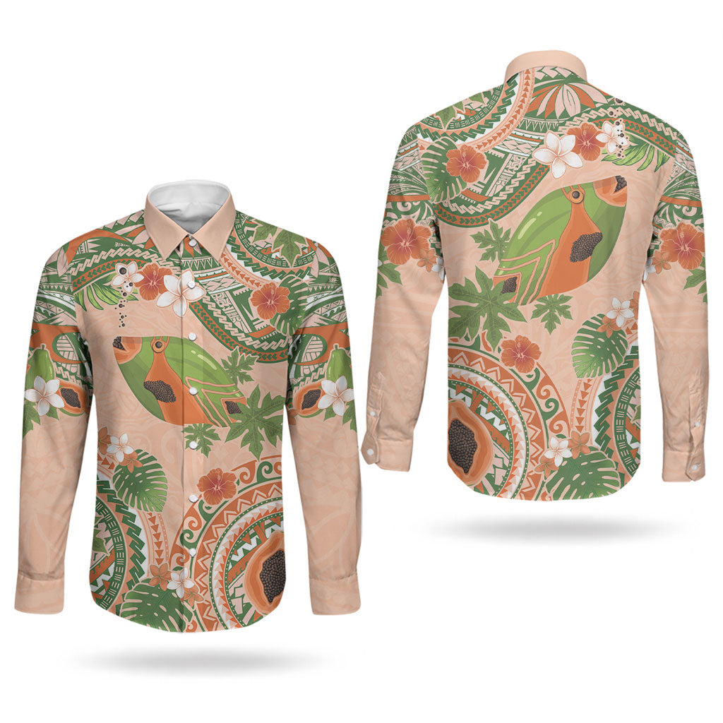 Hawaii Papaya Couples Matching Short Sleeve Bodycon Dress and Long Sleeve Button Shirt Cute Cosplay Humuhumu Fish Plumeria Waves DT05 - Polynesian Pride