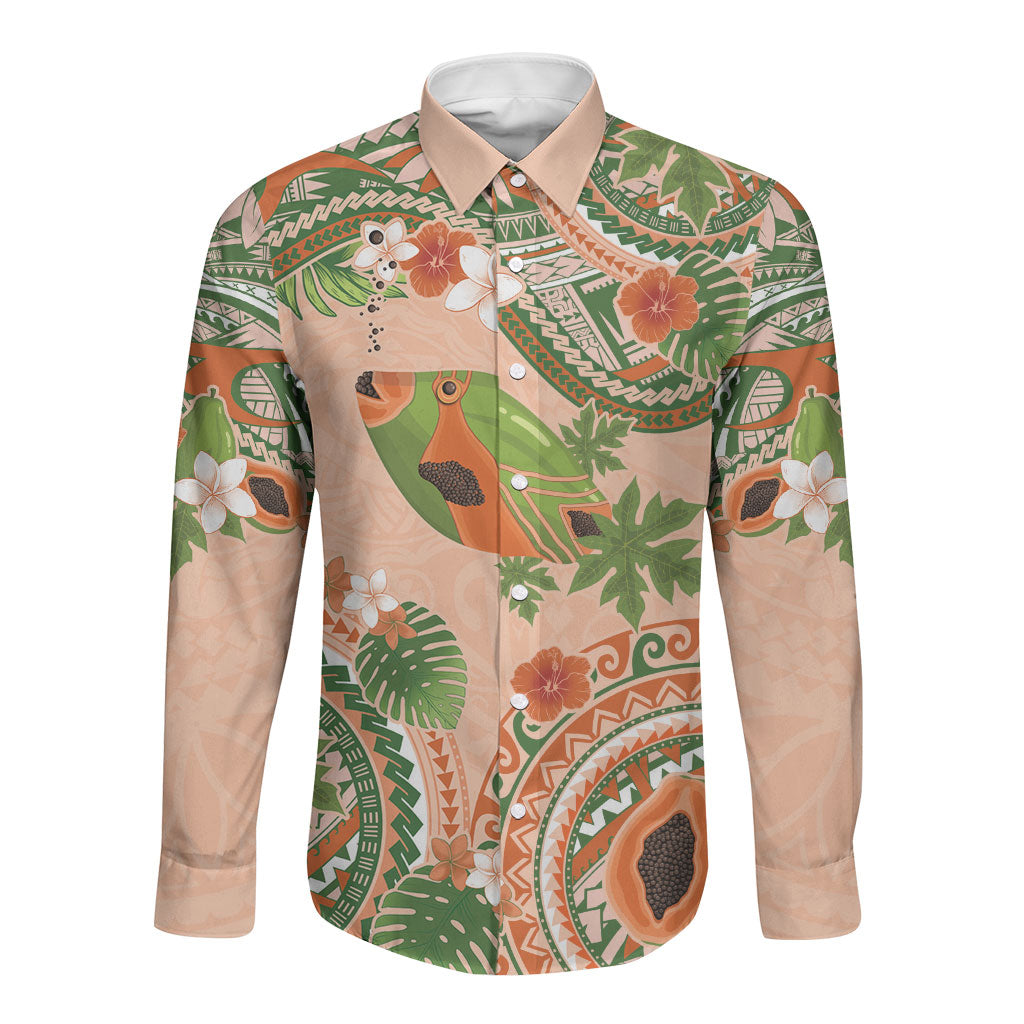 Hawaii Papaya Long Sleeve Button Shirt Cute Cosplay Humuhumu Fish Plumeria Waves DT05 Unisex Orange - Polynesian Pride