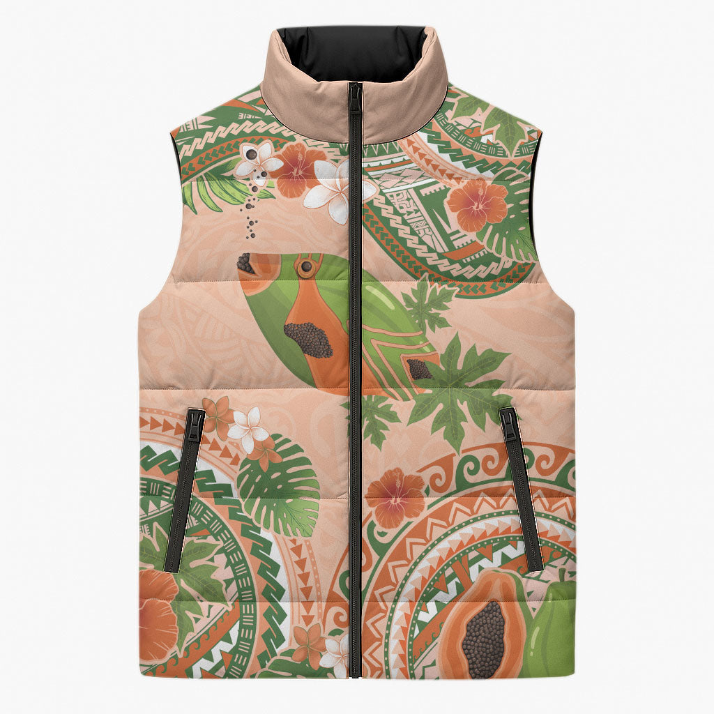 Hawaii Papaya Sleeveless Puffer Jacket Cute Cosplay Humuhumu Fish Plumeria Waves DT05 Unisex Orange - Polynesian Pride