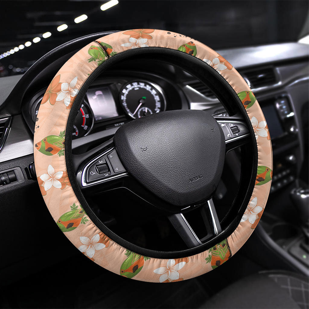 Hawaii Papaya Steering Wheel Cover Cute Cosplay Humuhumu Fish Plumeria Waves DT05 Universal Fit Orange - Polynesian Pride
