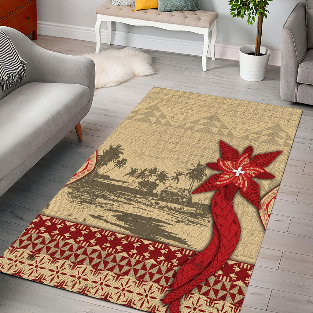 Tonga Language Week Area Rug Tribal Cross Ngatu Floral Pattern