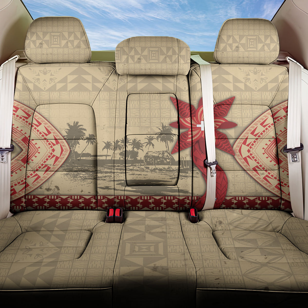 Tonga Language Week Back Car Seat Cover Tribal Cross Ngatu Floral Pattern