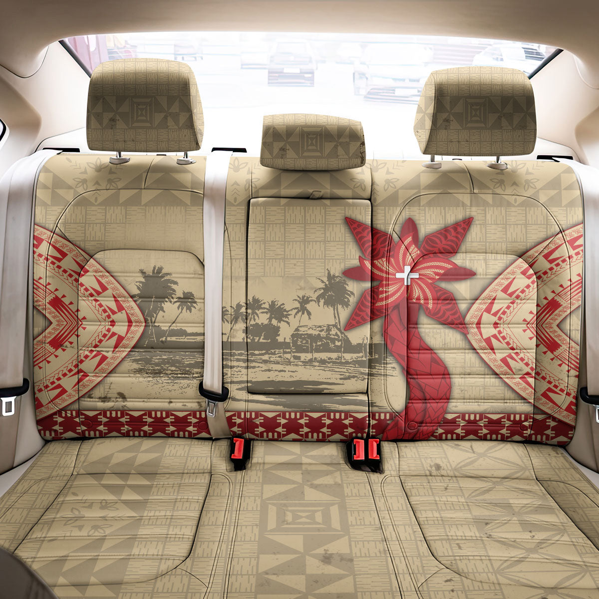 Tonga Language Week Back Car Seat Cover Tribal Cross Ngatu Floral Pattern