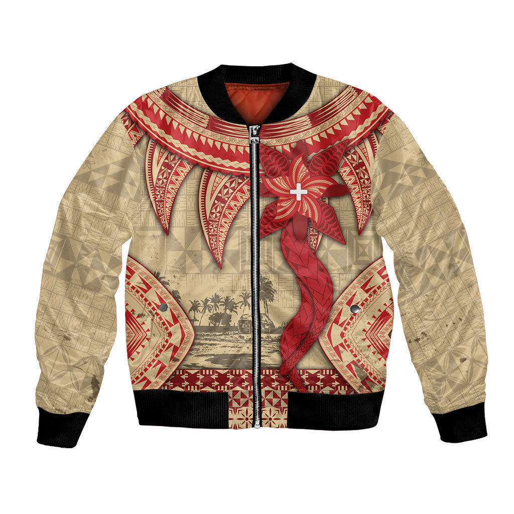 Tonga Language Week Bomber Jacket Tribal Cross Ngatu Floral Pattern DT05 Unisex Red - Polynesian Pride
