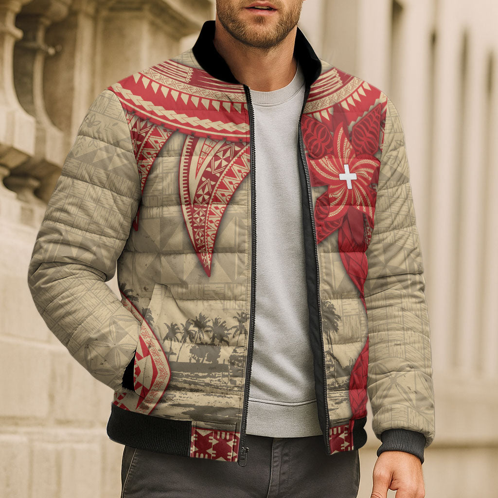 Tonga Language Week Bomber Puffer Jacket Tribal Cross Ngatu Floral Pattern