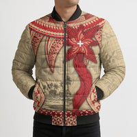 Tonga Language Week Bomber Puffer Jacket Tribal Cross Ngatu Floral Pattern