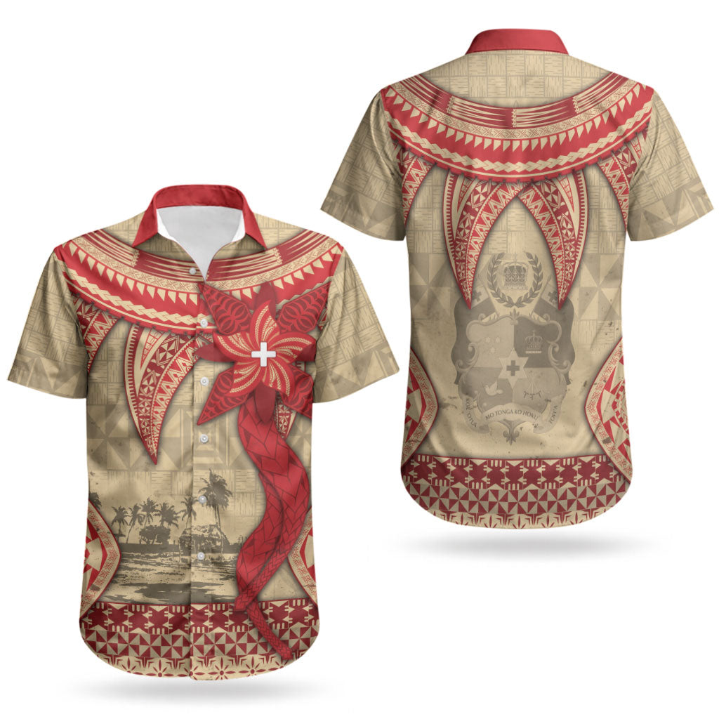 Tonga Language Week Couples Matching Long Sleeve Bodycon Dress and Hawaiian Shirt Tribal Cross Ngatu Floral Pattern