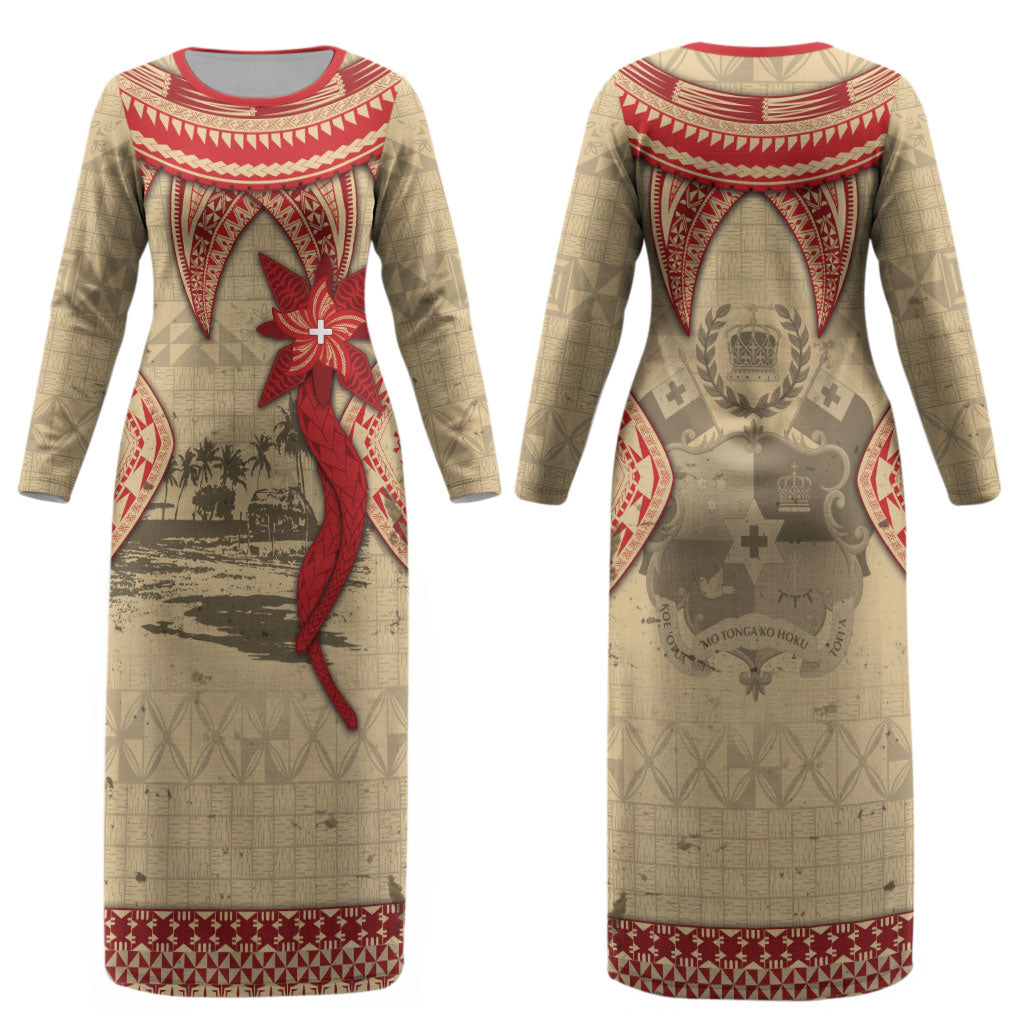Tonga Language Week Couples Matching Long Sleeve Bodycon Dress and Hawaiian Shirt Tribal Cross Ngatu Floral Pattern
