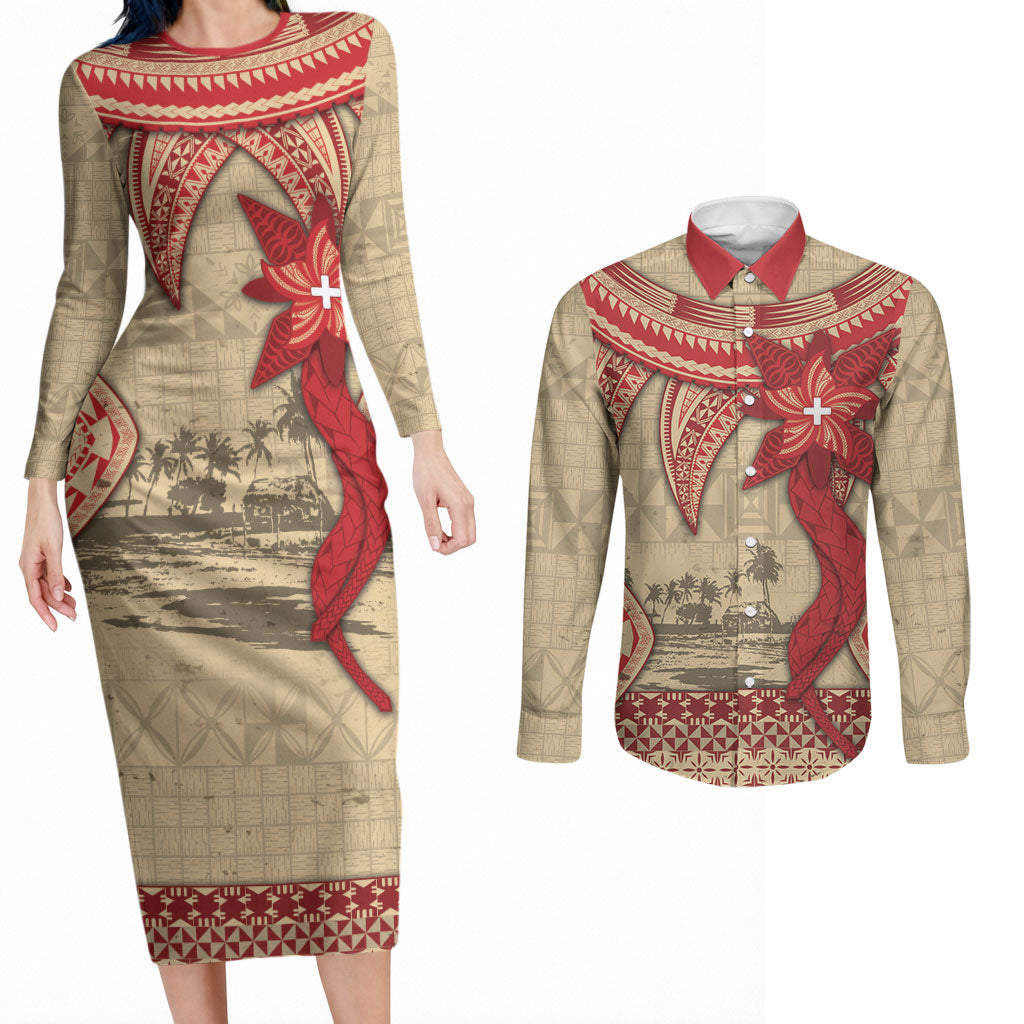 Tonga Language Week Couples Matching Long Sleeve Bodycon Dress and Long Sleeve Button Shirt Tribal Cross Ngatu Floral Pattern DT05 Red - Polynesian Pride