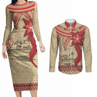 Tonga Language Week Couples Matching Long Sleeve Bodycon Dress and Long Sleeve Button Shirt Tribal Cross Ngatu Floral Pattern