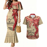 Tonga Language Week Couples Matching Mermaid Dress and Hawaiian Shirt Tribal Cross Ngatu Floral Pattern