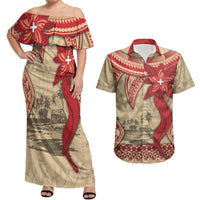 Tonga Language Week Couples Matching Off Shoulder Maxi Dress and Hawaiian Shirt Tribal Cross Ngatu Floral Pattern
