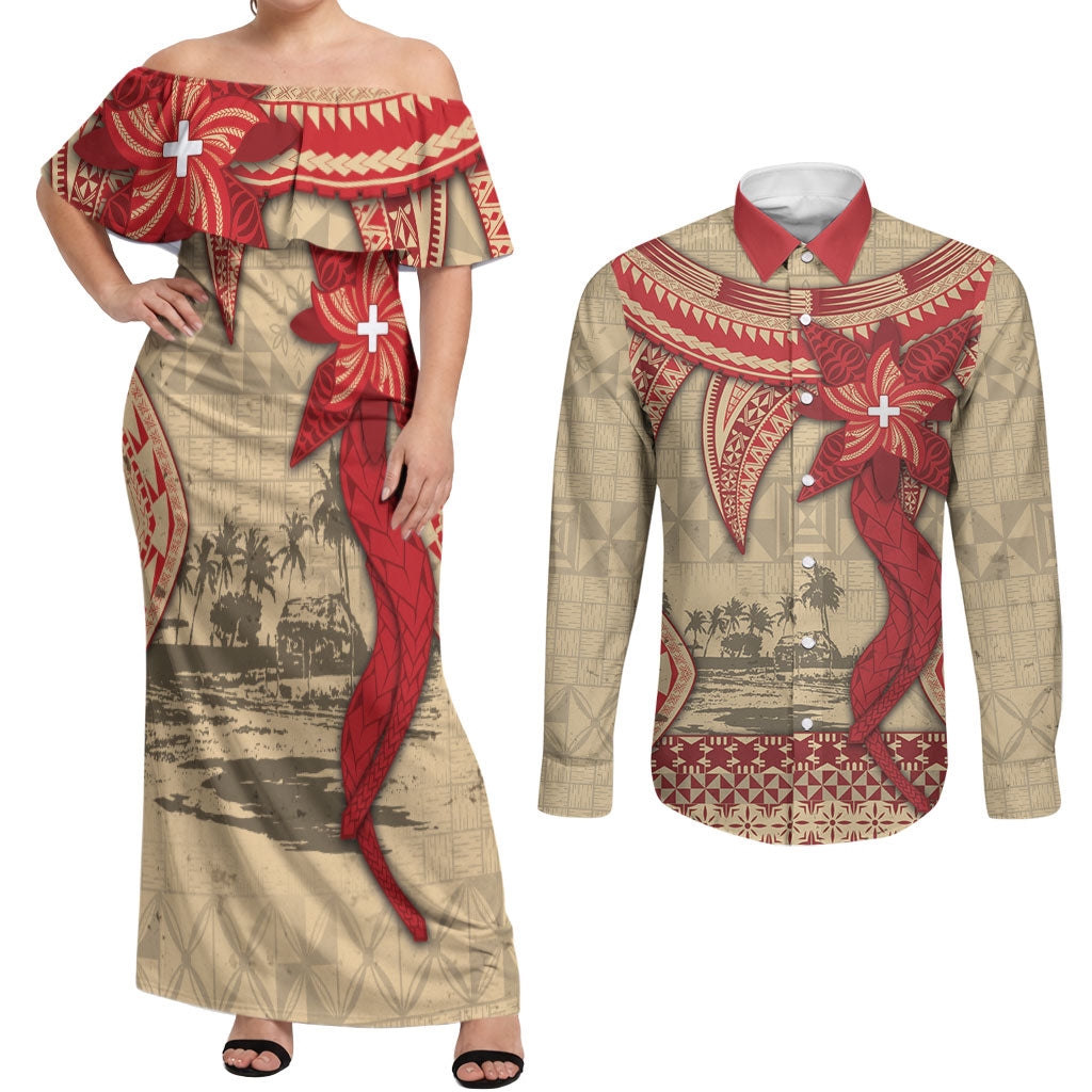 Tonga Language Week Couples Matching Off Shoulder Maxi Dress and Long Sleeve Button Shirt Tribal Cross Ngatu Floral Pattern