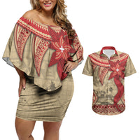 Tonga Language Week Couples Matching Off Shoulder Short Dress and Hawaiian Shirt Tribal Cross Ngatu Floral Pattern