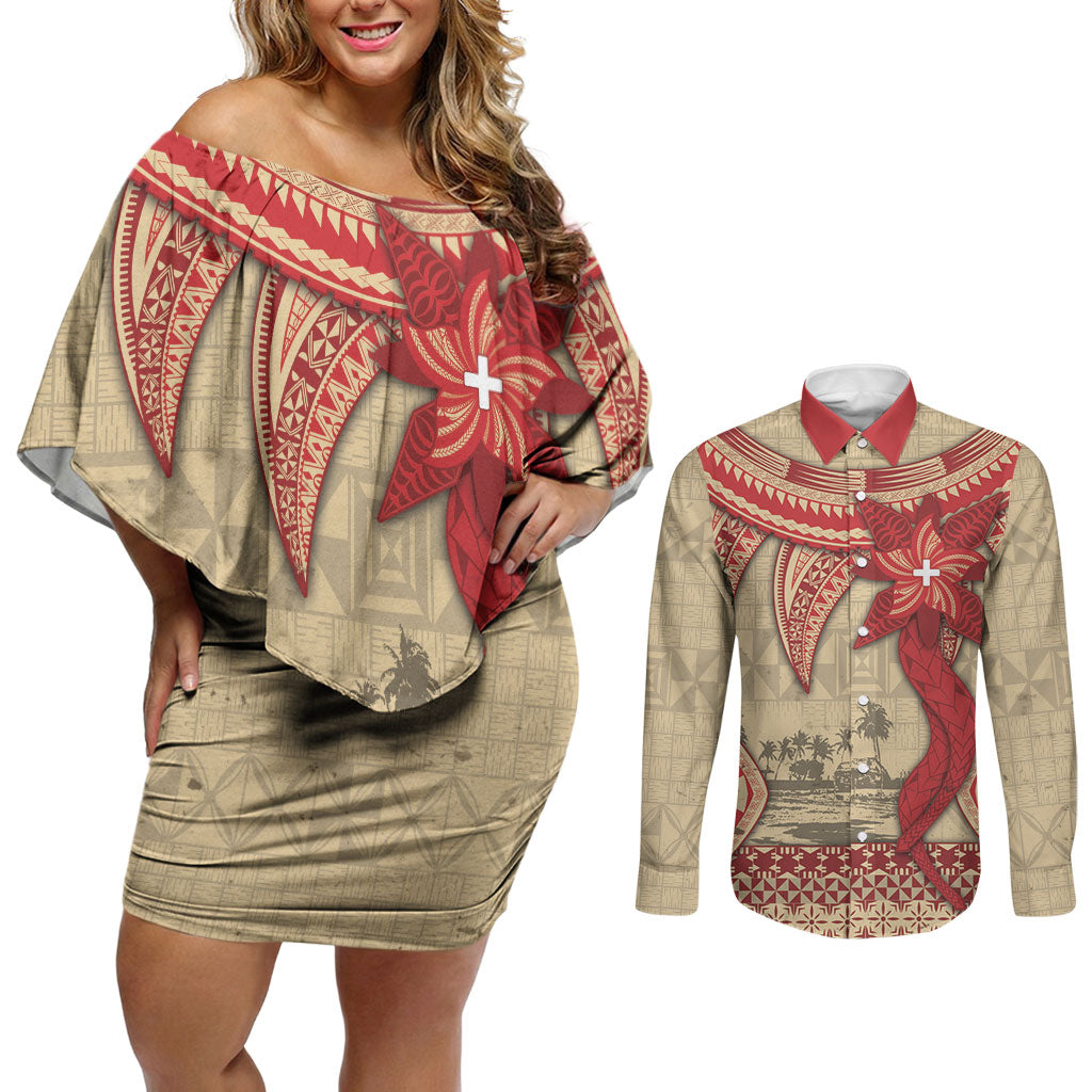 Tonga Language Week Couples Matching Off Shoulder Short Dress and Long Sleeve Button Shirt Tribal Cross Ngatu Floral Pattern