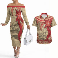 Tonga Language Week Couples Matching Off The Shoulder Long Sleeve Dress and Hawaiian Shirt Tribal Cross Ngatu Floral Pattern