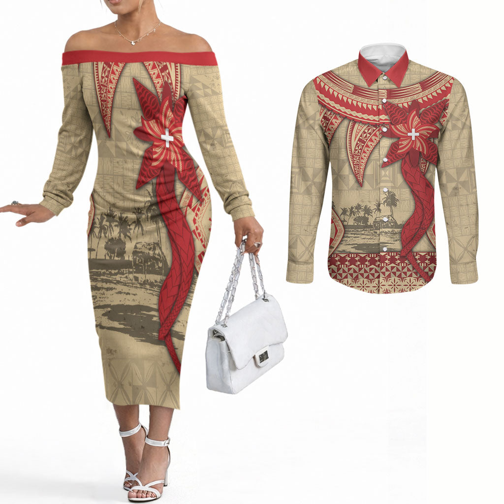 Tonga Language Week Couples Matching Off The Shoulder Long Sleeve Dress and Long Sleeve Button Shirt Tribal Cross Ngatu Floral Pattern